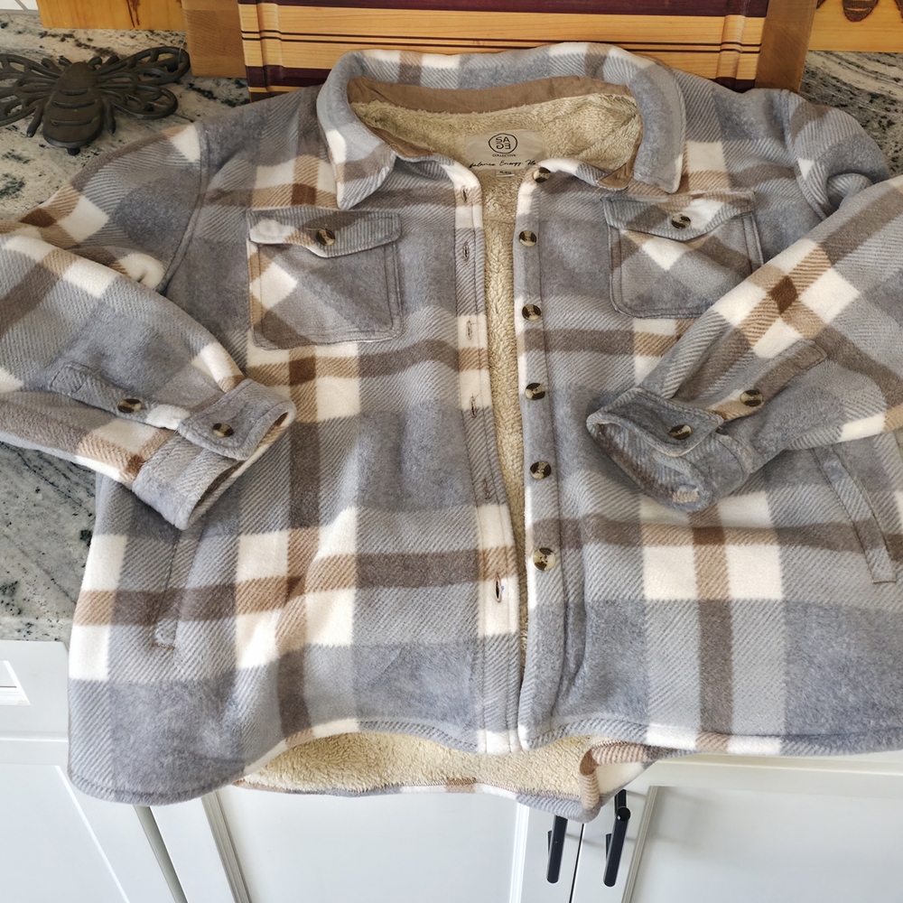 Sage Plaid Teddy Jacket in Gray and Brown